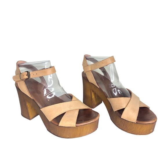 Anthropologie Musse & Cloud Sandal Platform Wood Heel Tan Leather Cross Strap 39 - Picture 1 of 11
